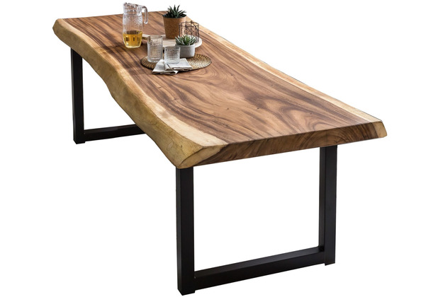 SIT TABLES & CO Tisch 250x90 cm, Platte Suarholz 80 mm, Gestell schwarz Platte natur, Gestell antikschwarz