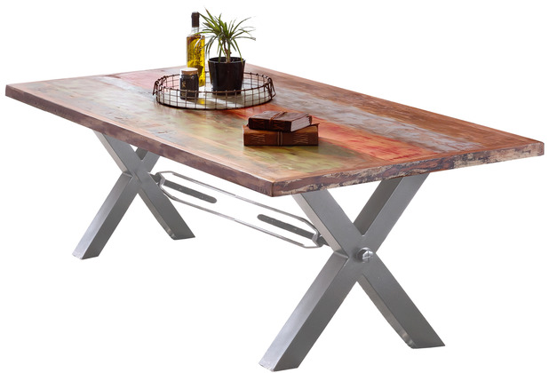SIT TABLES & CO Tisch 180x100 cm, Altholz bunt lackiert Platte bunt, Gestell silber