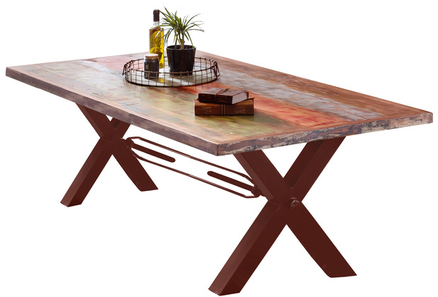 SIT TABLES & CO Tisch 240x100 cm, Altholz bunt lackiert Platte bunt, Gestell braun