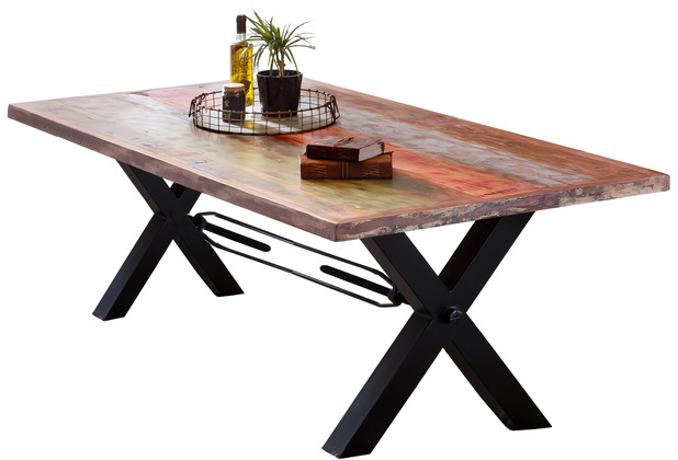 SIT TABLES & CO Tisch 240x100 cm, Altholz bunt lackiert Platte bunt, Gestell schwarz