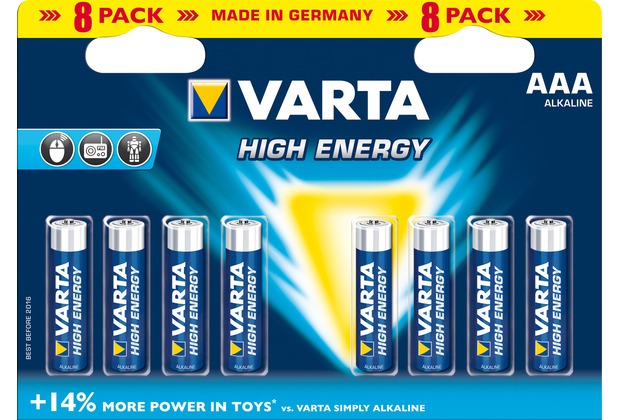 VARTA Batterie Alkaline, Micro, AAA, LR03, 1.5V High Energy, Retail Blister (8-Pack)
