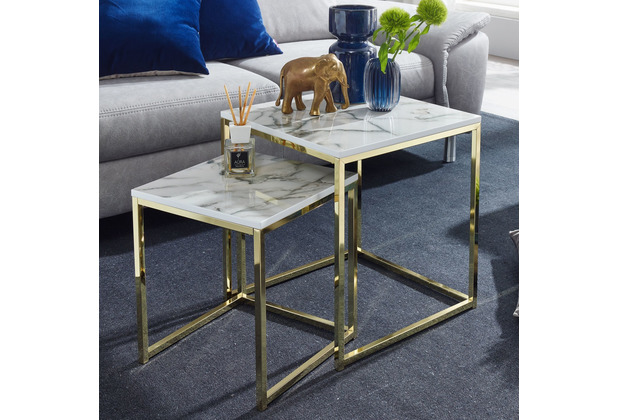 Wohnling Design Beistelltisch 2er Set Weiß Marmor Optik eckig, Couchtisch 2-teilig Tischgestell Metall Gold